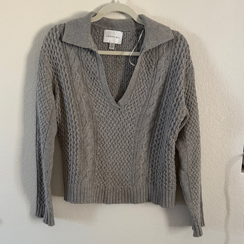 Jason Wu Light Gray Cable-Knit V-Neck Sweater with Foldover Collar
